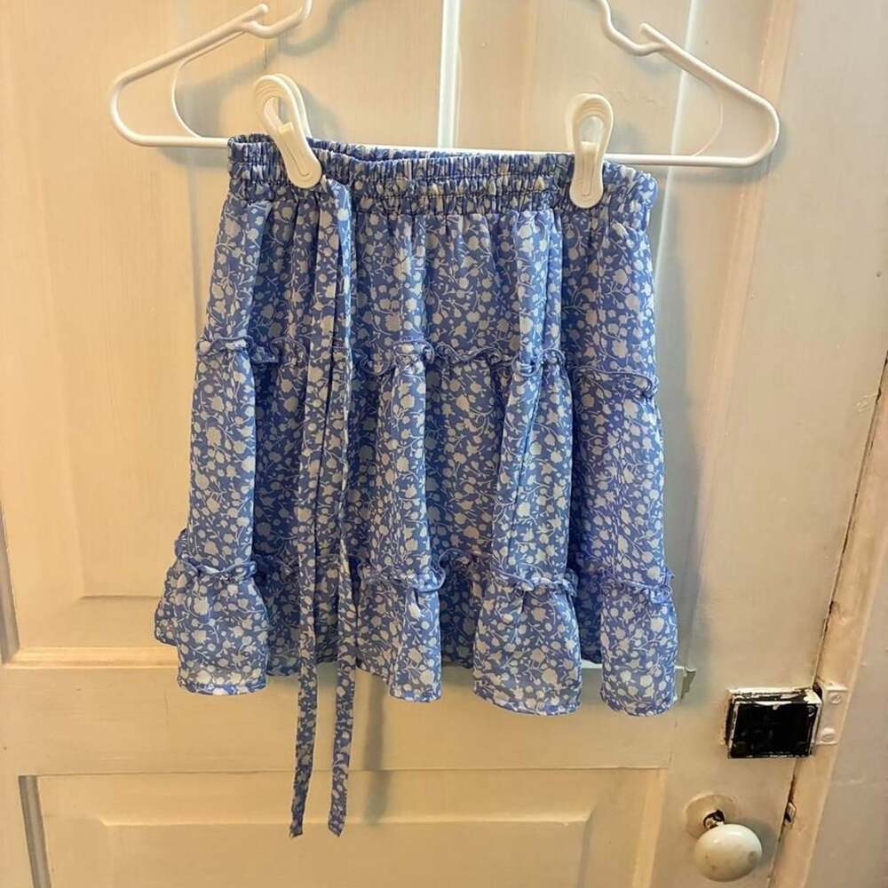 Sienna Sky Blue Floral Tiered Ruffle Mini Skirt XS